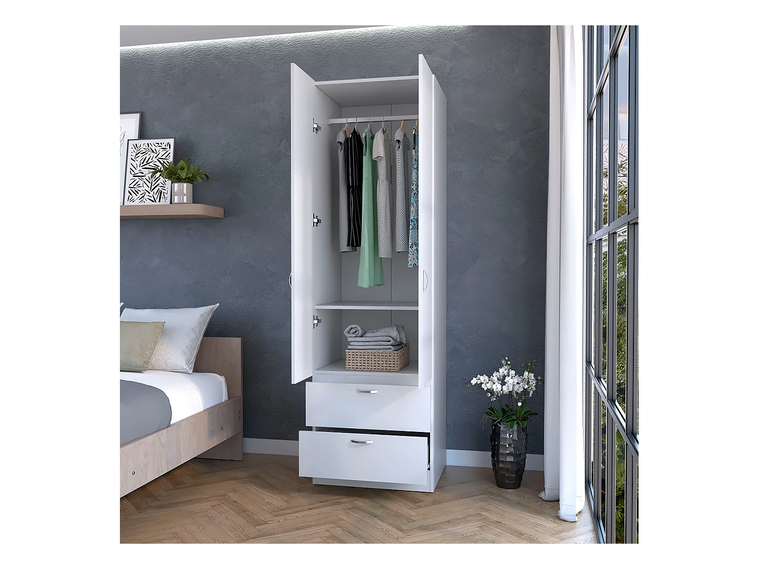 TUHOME Armario alto Mayer en melamina con dos puertas y dos cajones, Blanco