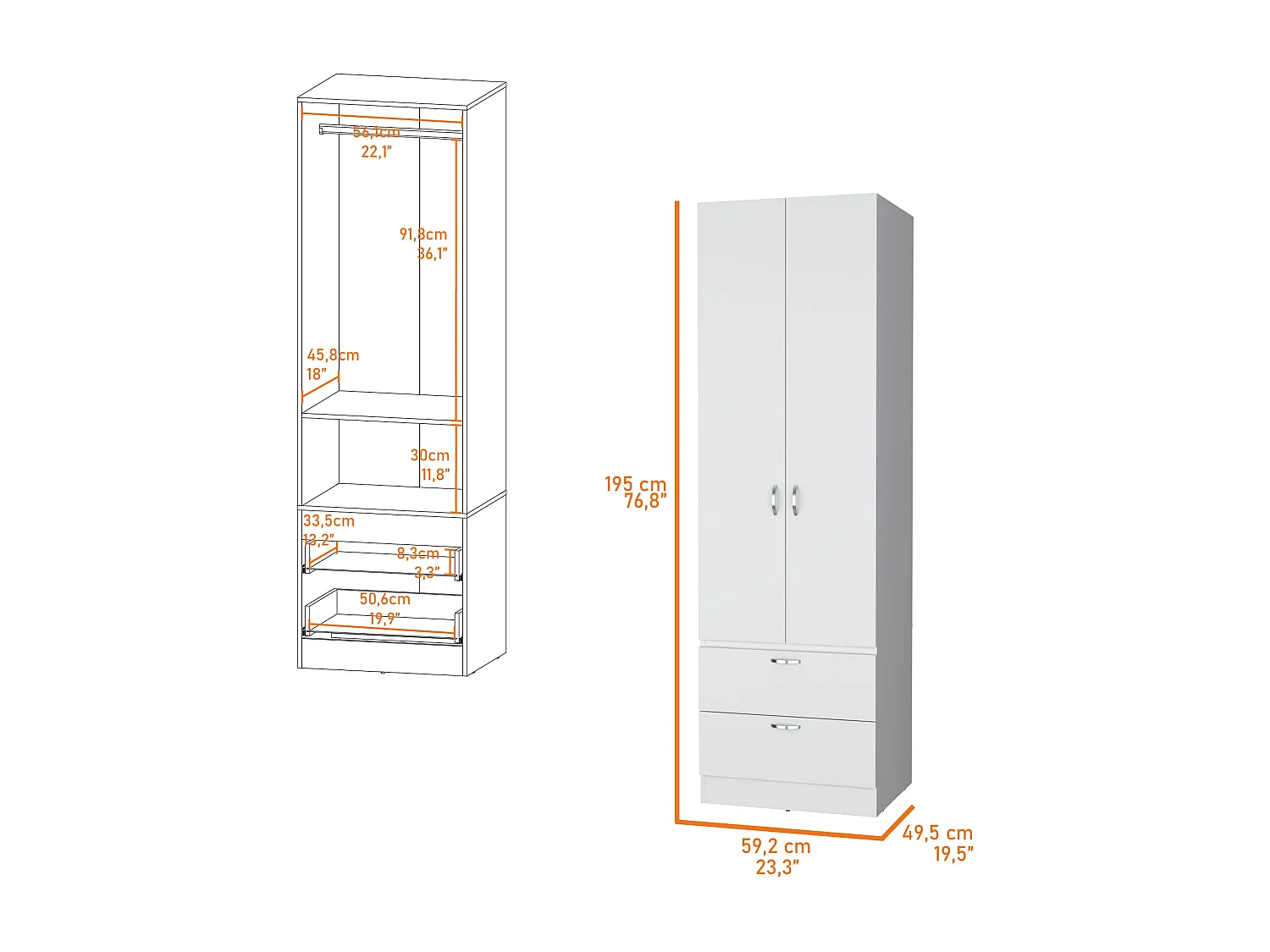 TUHOME Armadio Alto Mayer in Melaminico con Due Ante e Due Cassetti, Bianco