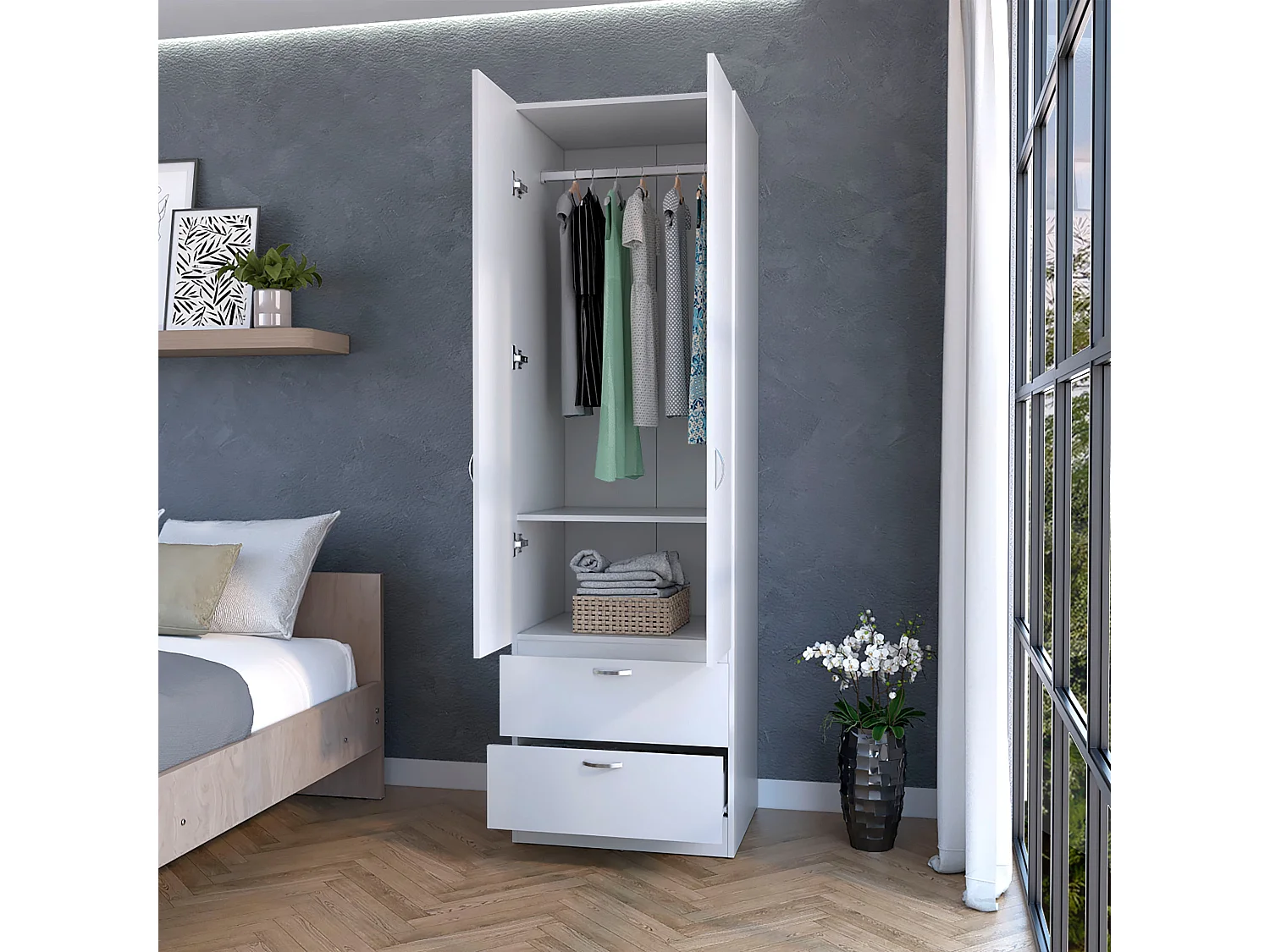 TUHOME Armadio Alto Mayer in Melaminico con Due Ante e Due Cassetti, Bianco