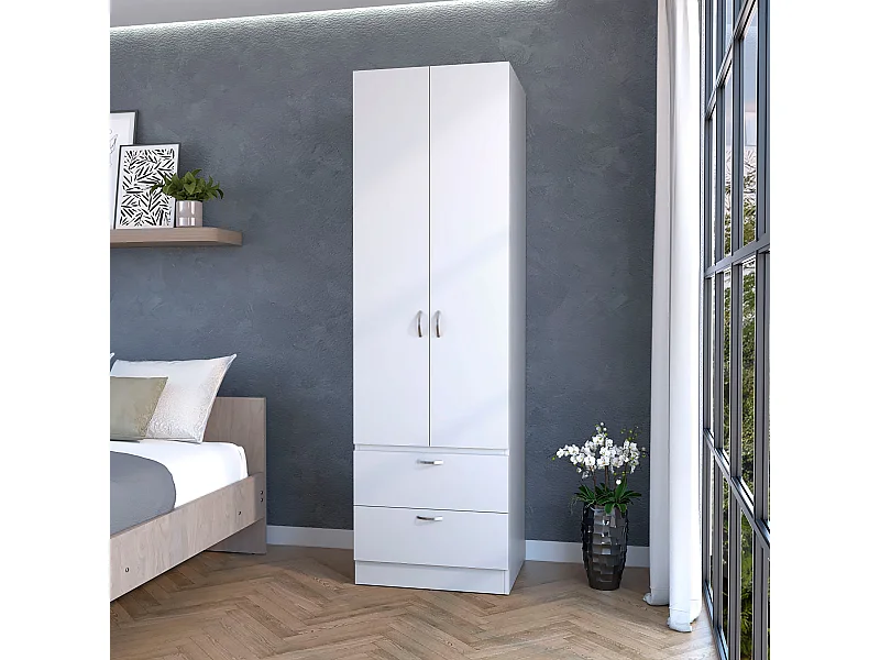 TUHOME Armadio Alto Mayer in Melaminico con Due Ante e Due Cassetti, Bianco