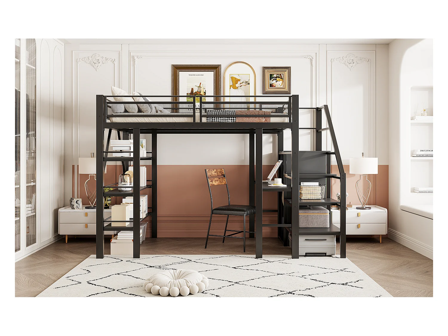Lit mezzanine pour enfant - 140 x 200cm - avec bureau + armoire + marchepieds avec rangement - métal - noir