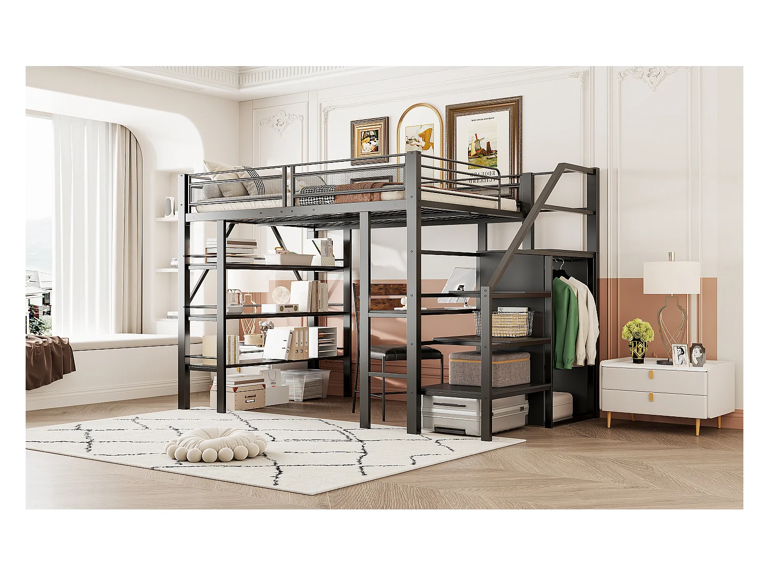 Lit mezzanine pour enfant - 140 x 200cm - avec bureau + armoire + marchepieds avec rangement - métal - noir