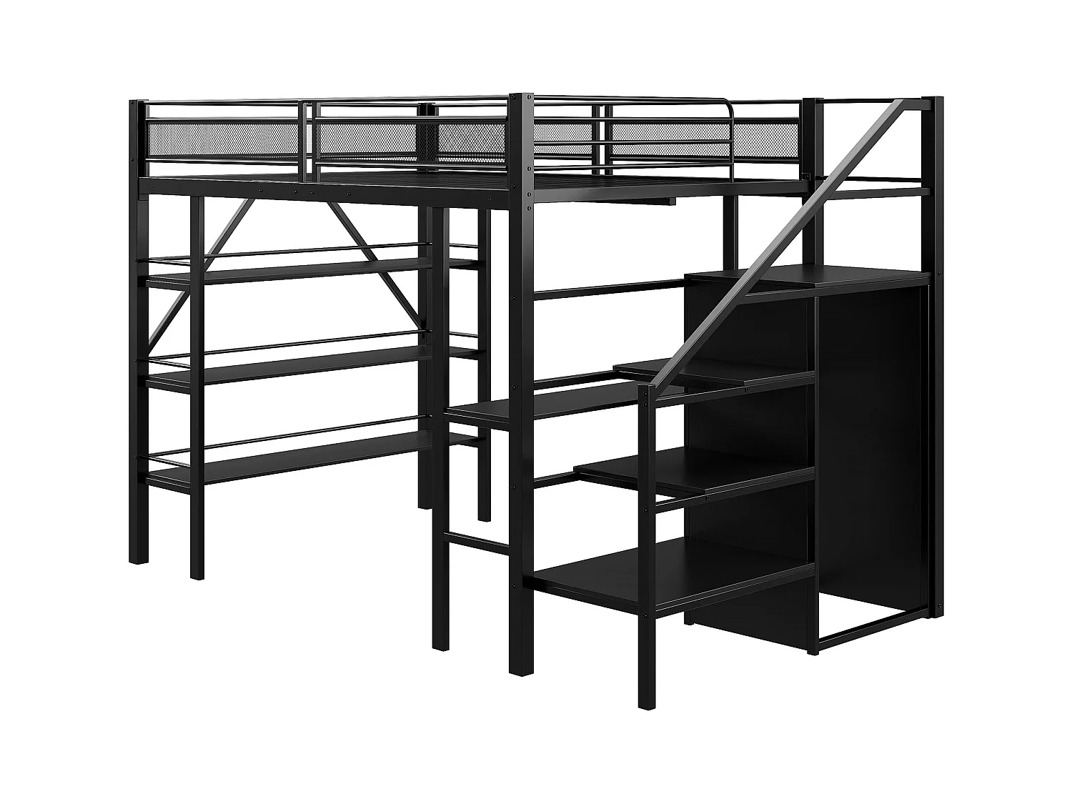 Lit mezzanine pour enfant - 140 x 200cm - avec bureau + armoire + marchepieds avec rangement - métal - noir