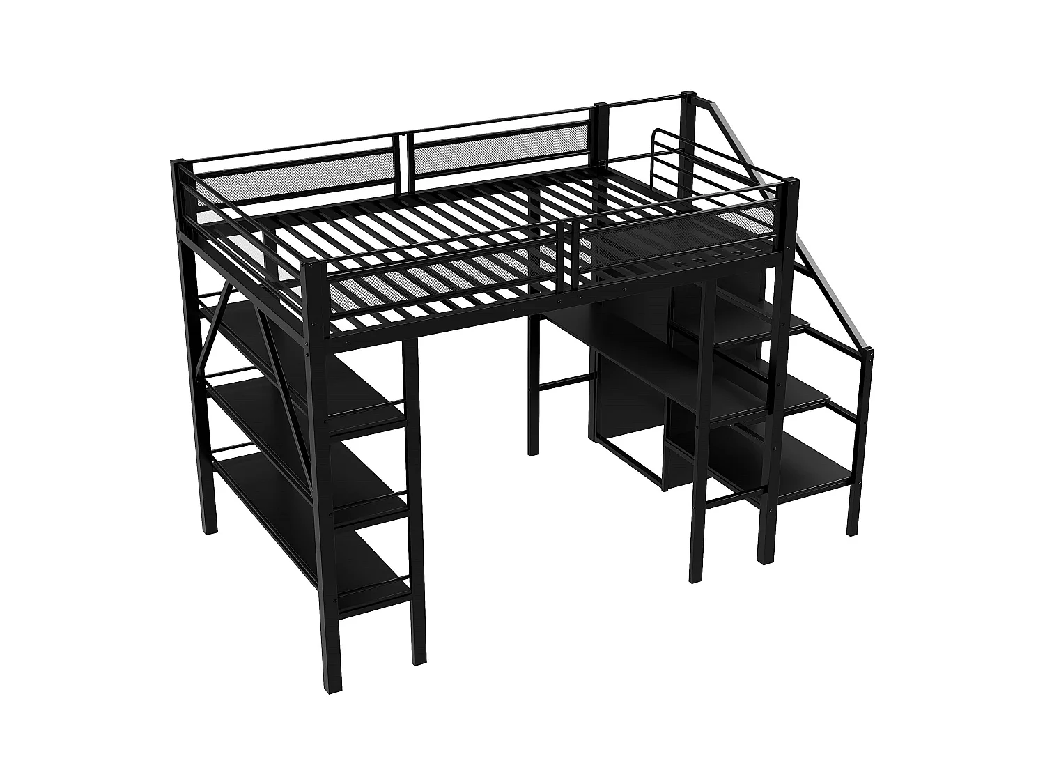 Kinderhochbett - 140 x 200cm - mit Schreibtisch + Kleiderschrank + Treppe mit Stauraum - Metall - schwarz