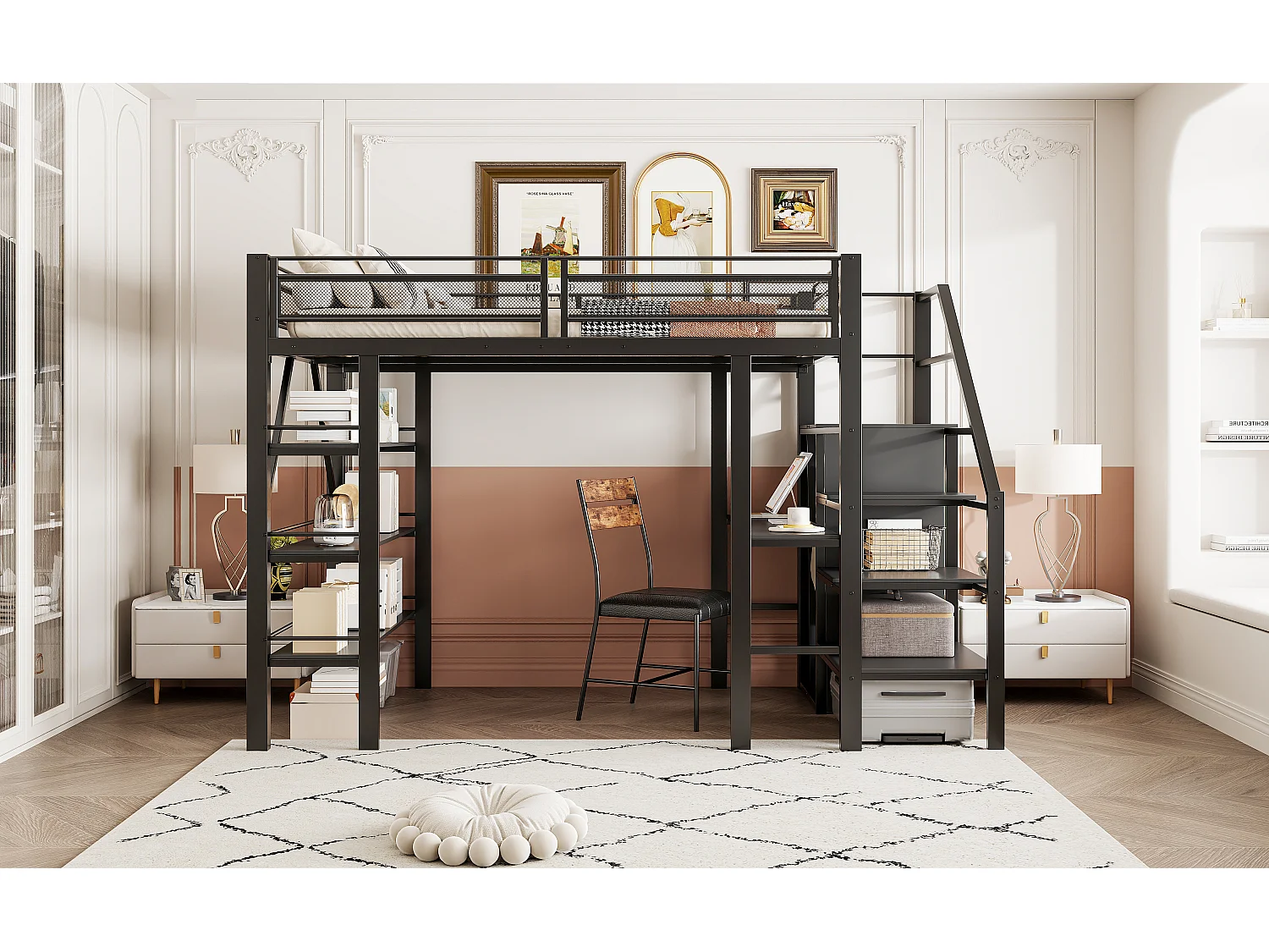 Cama alta infantil - 140 x 200 cm - Con escritorio + armario + piecero con almacenaje - Metal - Negro