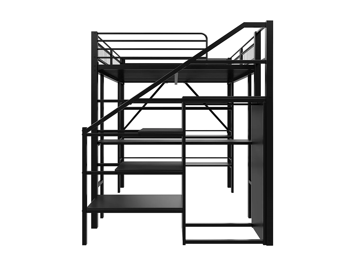 Cama alta infantil - 140 x 200 cm - Con escritorio + armario + piecero con almacenaje - Metal - Negro