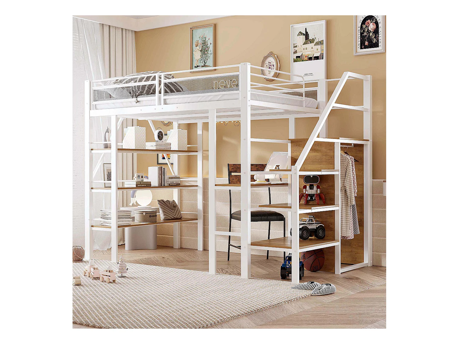 Cama alta infantil - 140 x 200 cm - Con escritorio + armario + piecero con almacenaje - Metal - Blanco