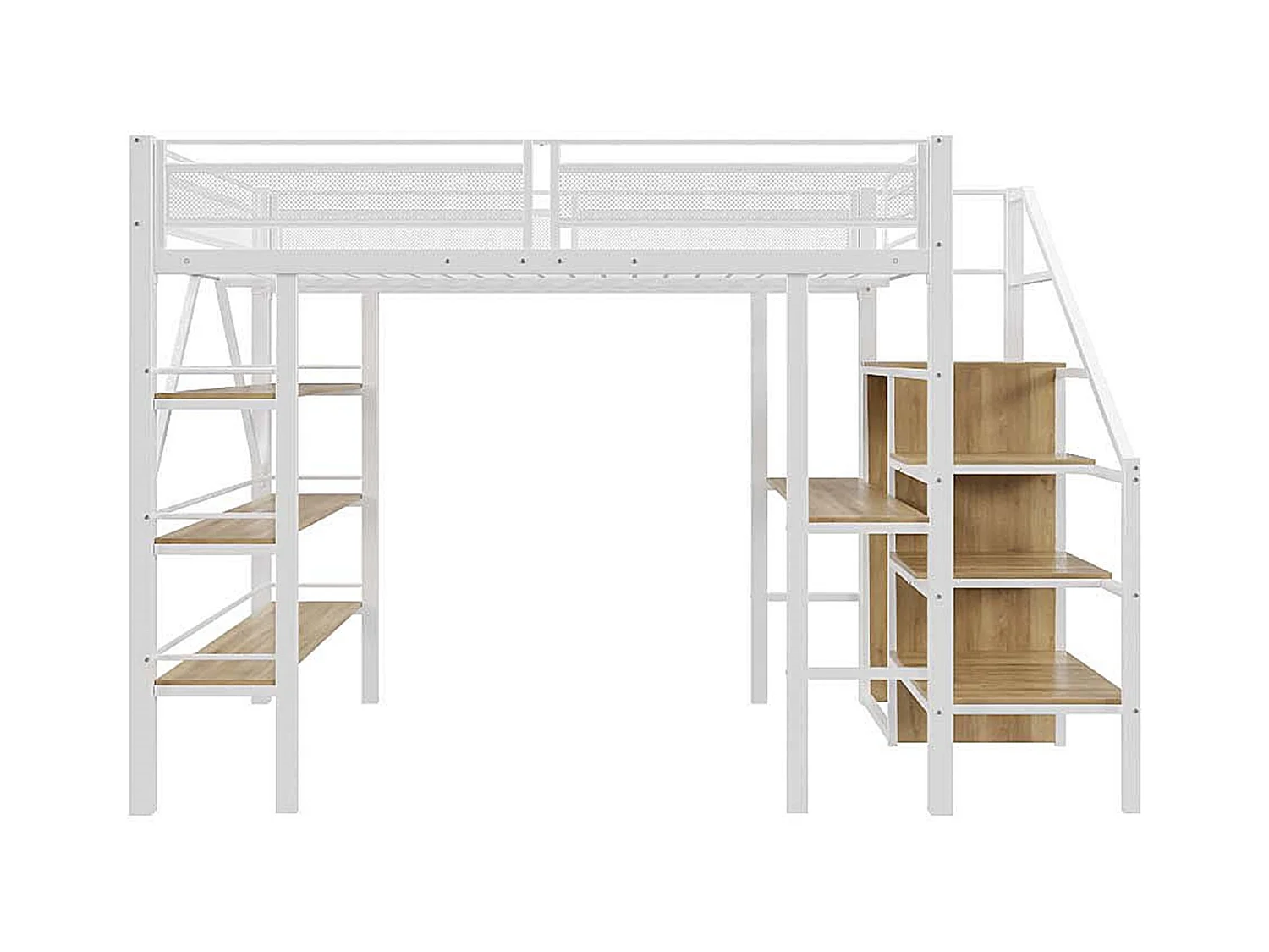 Cama alta infantil - 140 x 200 cm - Con escritorio + armario + piecero con almacenaje - Metal - Blanco