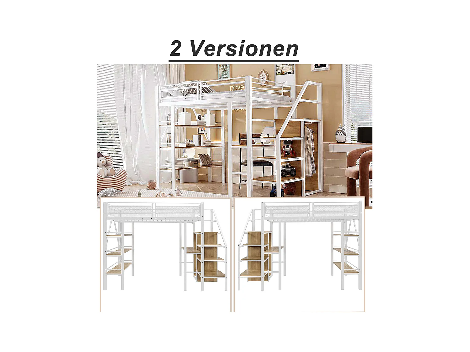 Cama alta infantil - 140 x 200 cm - Con escritorio + armario + piecero con almacenaje - Metal - Blanco