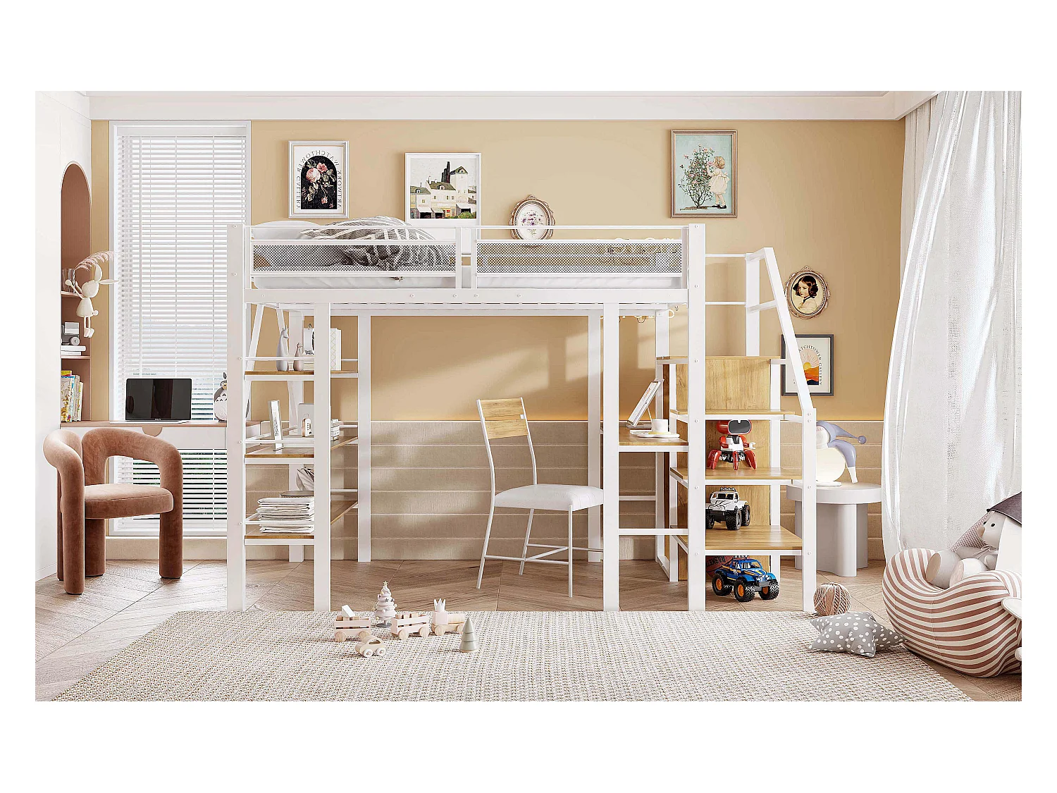 Cama alta infantil - 140 x 200 cm - Con escritorio + armario + piecero con almacenaje - Metal - Blanco