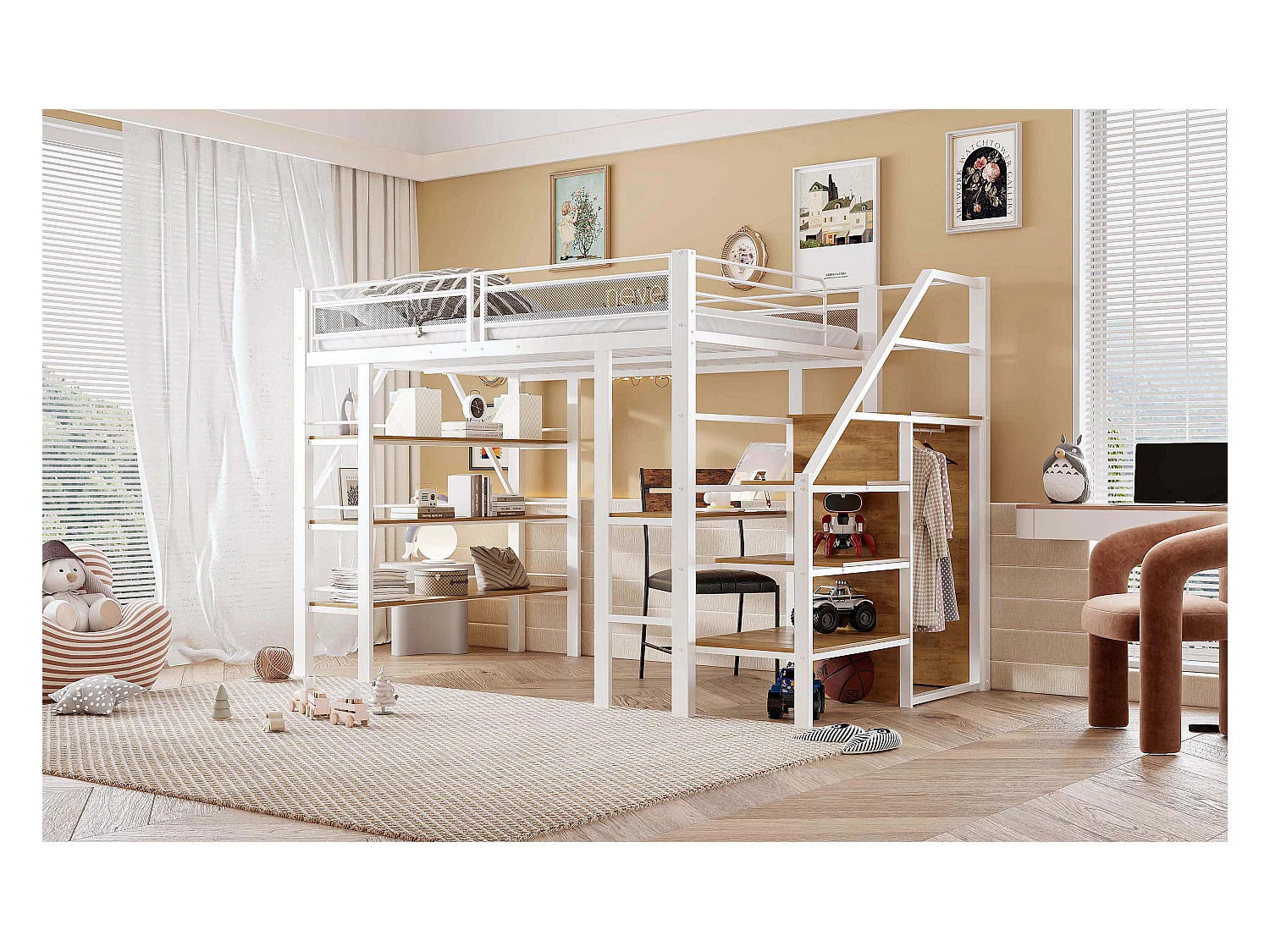 Cama alta infantil - 140 x 200 cm - Con escritorio + armario + piecero con almacenaje - Metal - Blanco