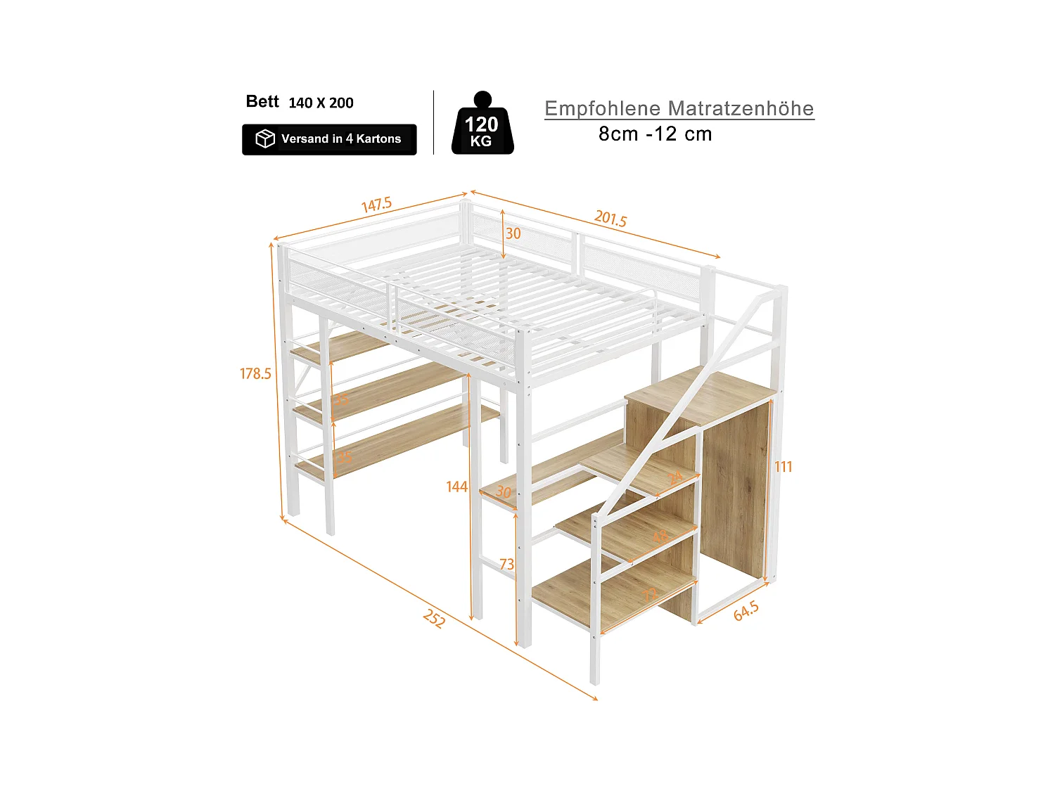 Kinderhochbett - 140 x 200cm - mit Schreibtisch + Kleiderschrank + Treppe mit Stauraum - Metall - weiß