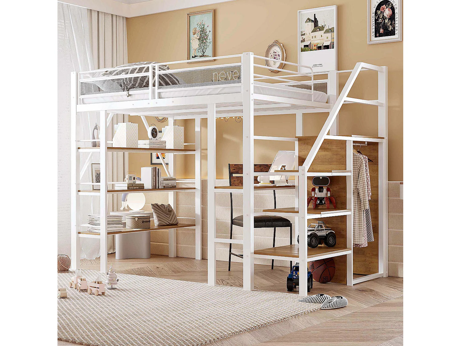 Lit mezzanine pour enfant - 140 x 200cm - avec bureau + armoire + marchepieds avec rangement - métal - blanc