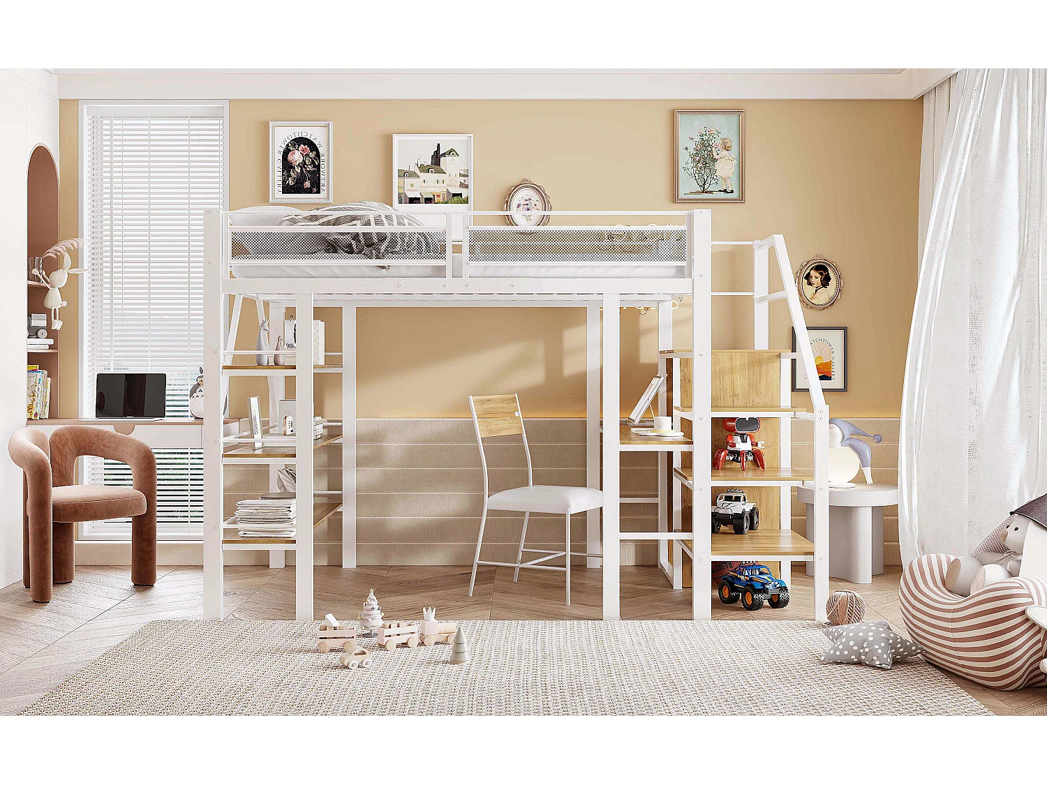 Lit mezzanine pour enfant - 140 x 200cm - avec bureau + armoire + marchepieds avec rangement - métal - blanc