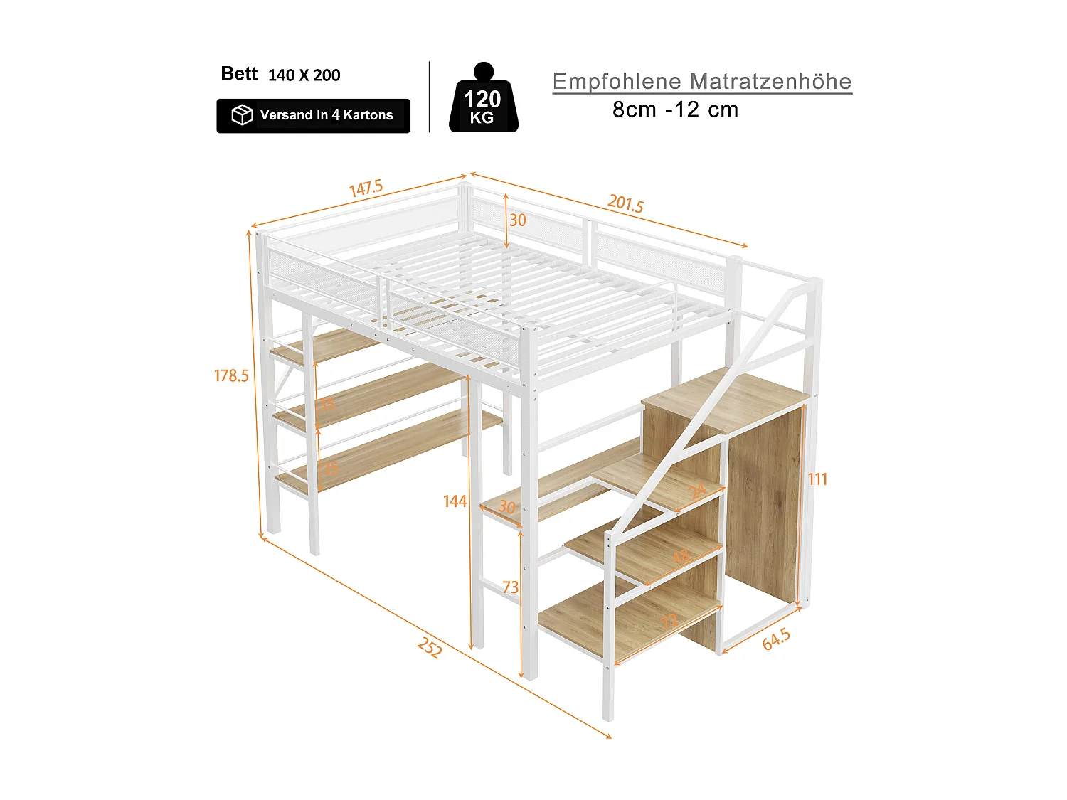 Lit mezzanine pour enfant - 140 x 200cm - avec bureau + armoire + marchepieds avec rangement - métal - blanc