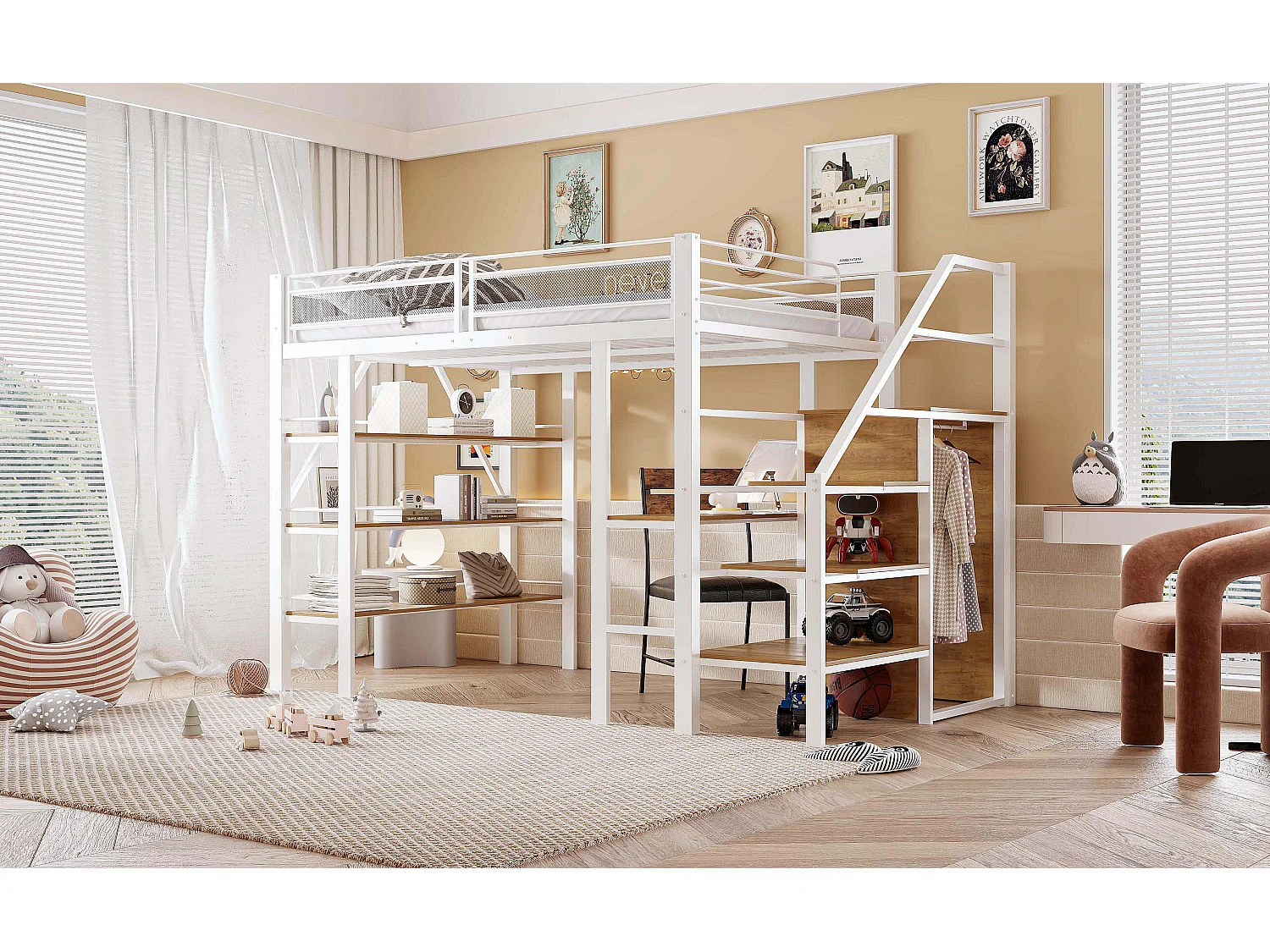 Lit mezzanine pour enfant - 140 x 200cm - avec bureau + armoire + marchepieds avec rangement - métal - blanc