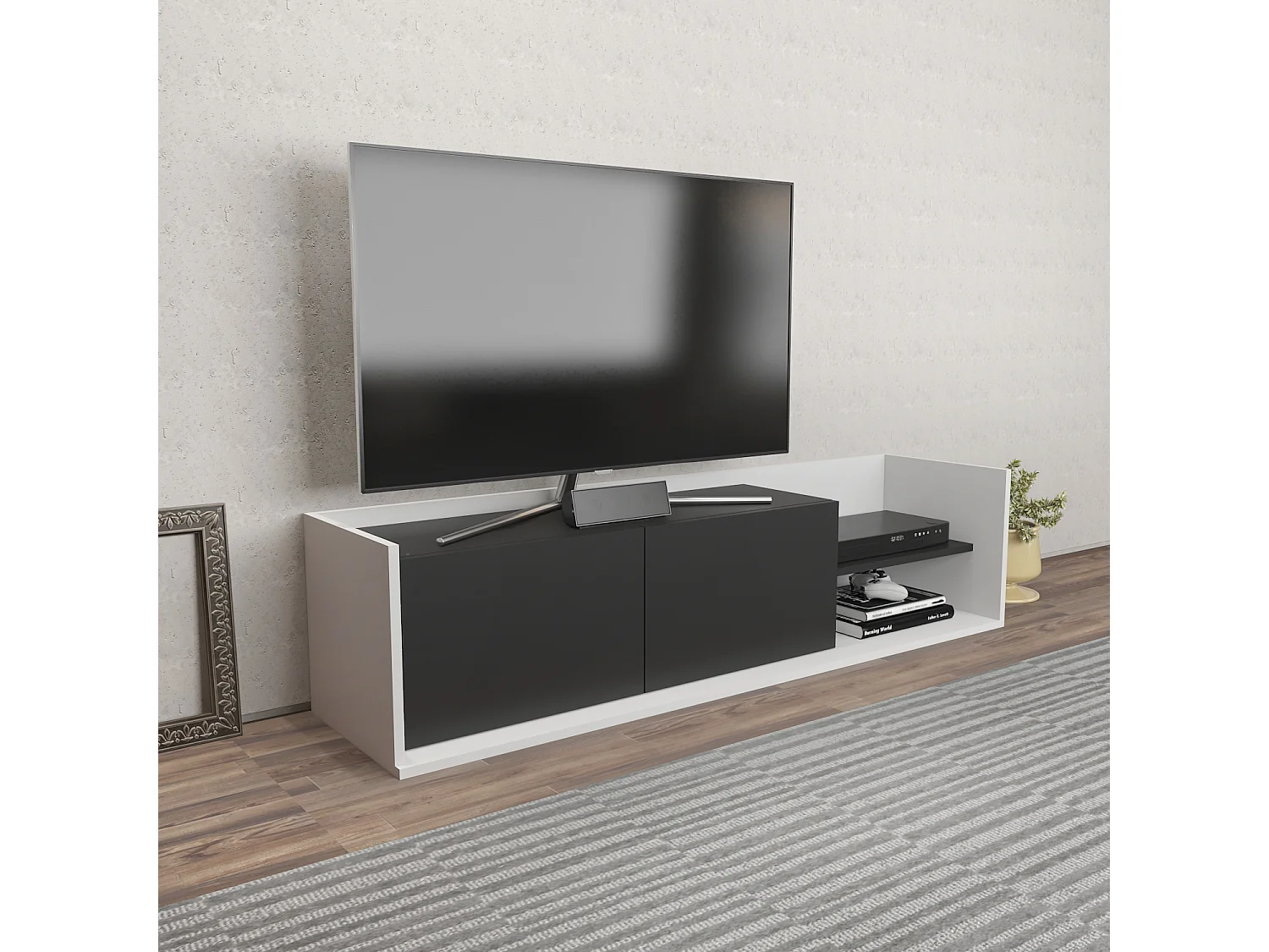 Krog 160 cm Meuble TV | Étagères ouvertes et Armoires battantes (Blanc et Anthracite)