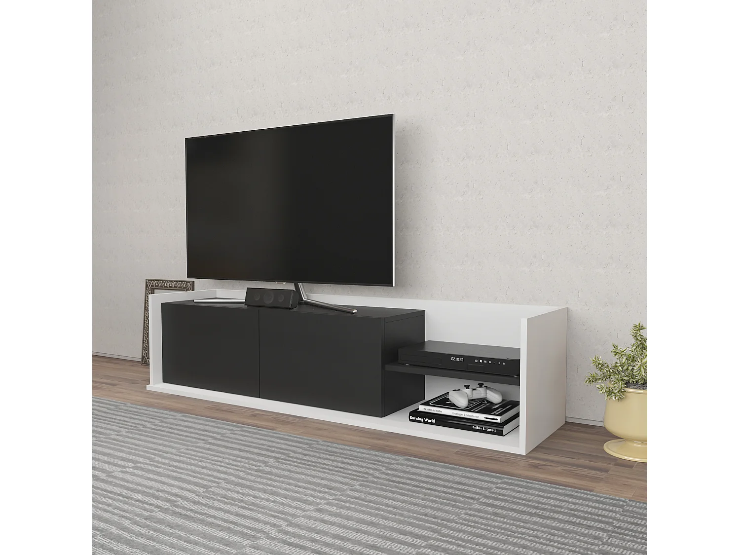 Krog 160 cm Meuble TV | Étagères ouvertes et Armoires battantes (Blanc et Anthracite)