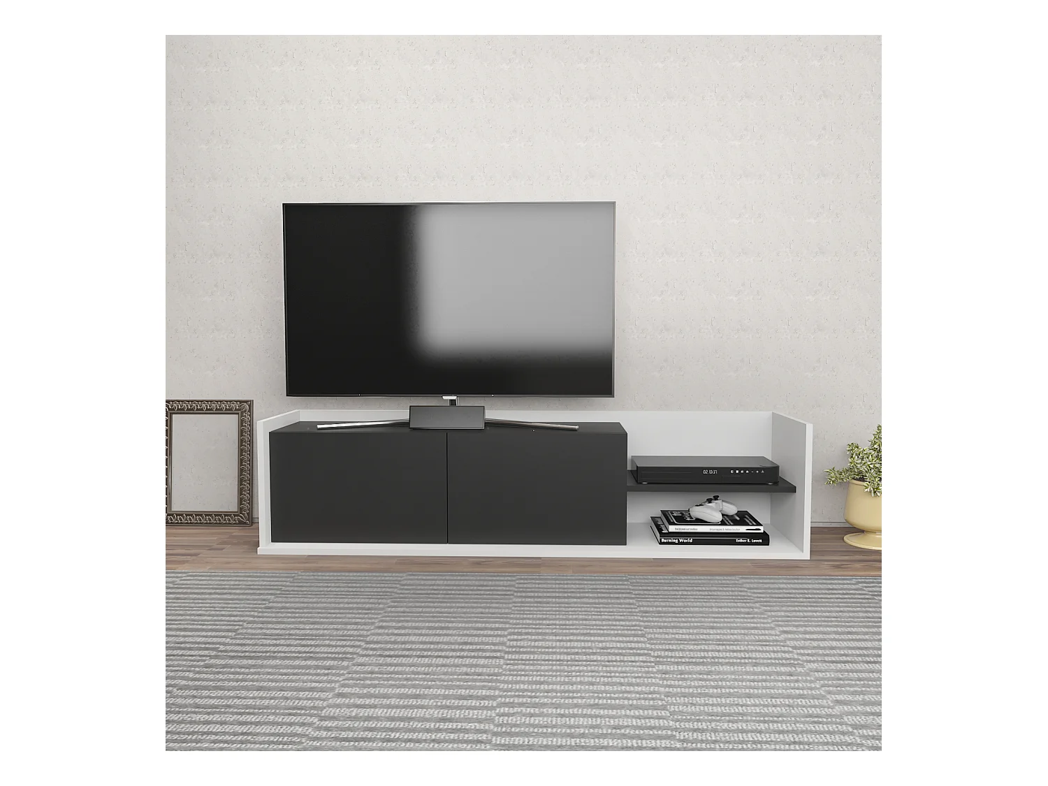 Krog 160 cm Meuble TV | Étagères ouvertes et Armoires battantes (Blanc et Anthracite)