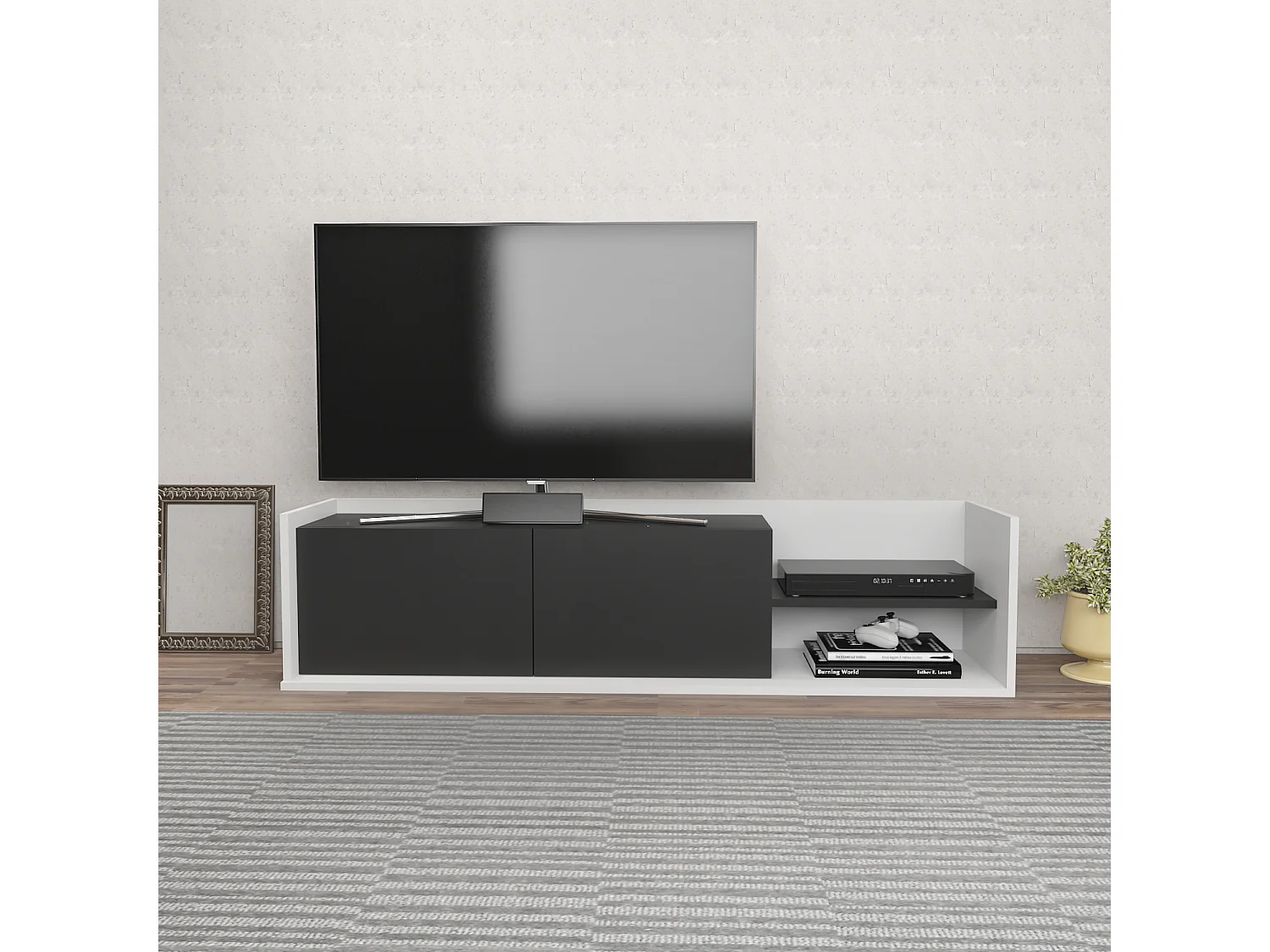 Krog 160 cm Meuble TV | Étagères ouvertes et Armoires battantes (Blanc et Anthracite)