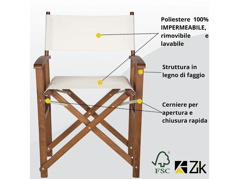 Set 2 Sedie da Giardino Esterno, Poltrone Regista Pieghevoli con Braccioli, in Legno e Poliestere, Design Moderno Outdoor 55x48x86