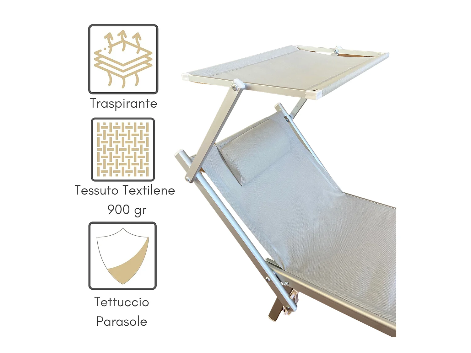 Set 2 Lettino Prendisole da Giardino con Cuscino e Tettuccio Schienale Regolabile, Sdraio Telo Textilene Struttura Alluminio 181x60x38 - Grigio