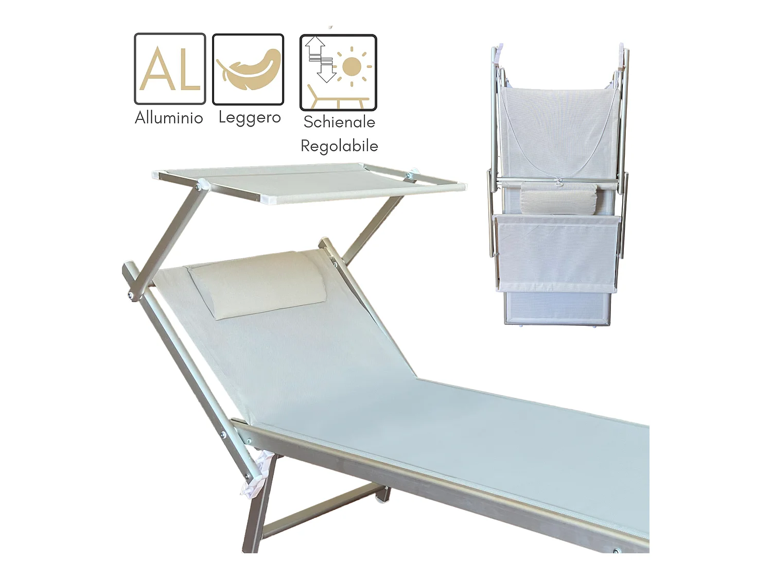 Set 2 Lettino Prendisole da Giardino con Cuscino e Tettuccio Schienale Regolabile, Sdraio Telo Textilene Struttura Alluminio 181x60x38 - Grigio