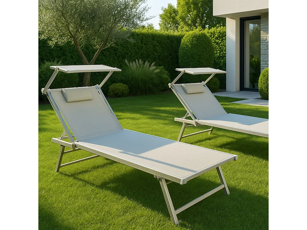 Set 2 Lettino Prendisole da Giardino con Cuscino e Tettuccio Schienale Regolabile, Sdraio Telo Textilene Struttura Alluminio 181x60x38 - Grigio