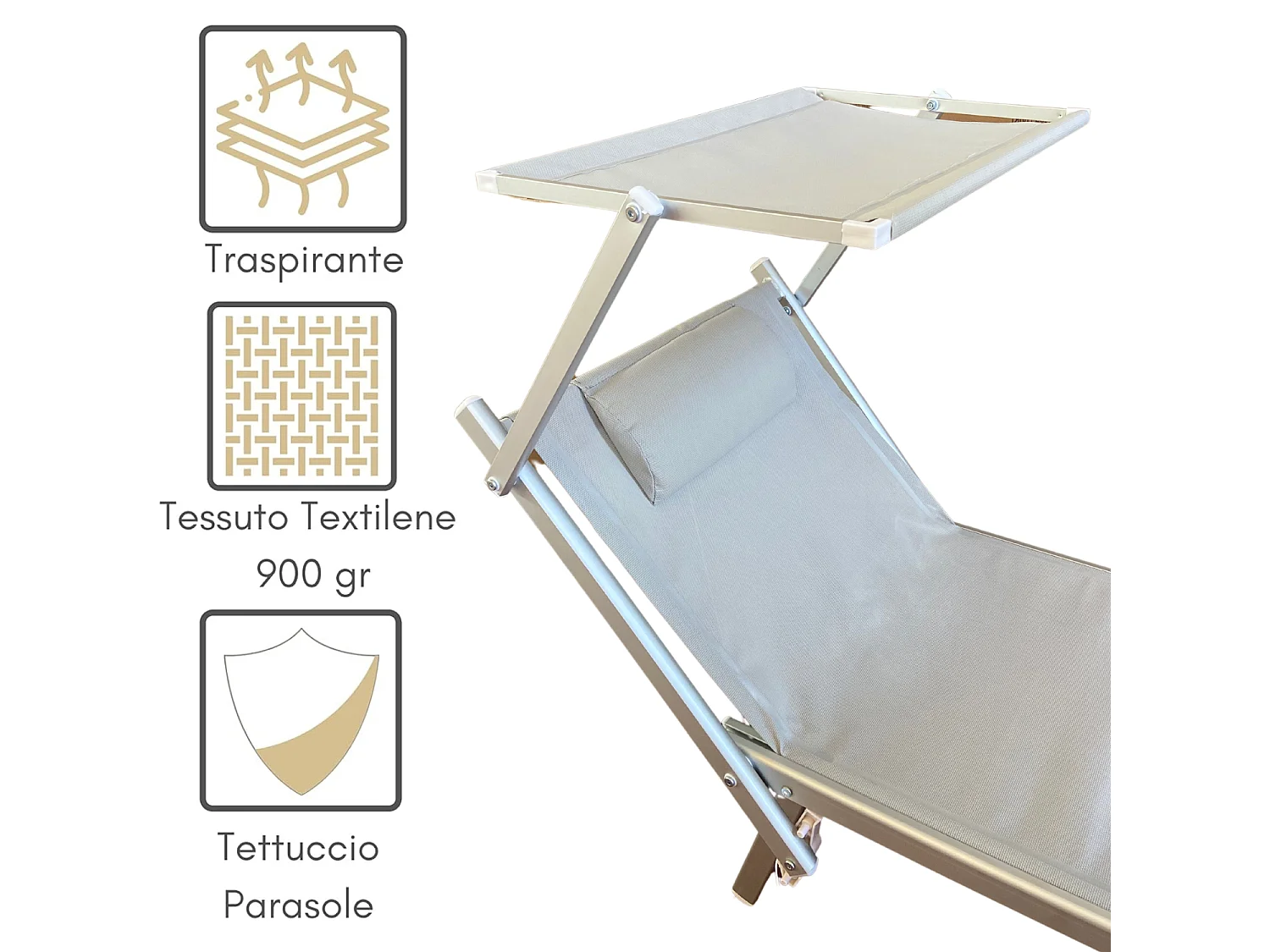 Set 2 Lettino Prendisole da Giardino con Cuscino e Tettuccio Schienale Regolabile, Sdraio Telo Textilene Struttura Alluminio 181x60x38 - Grigio