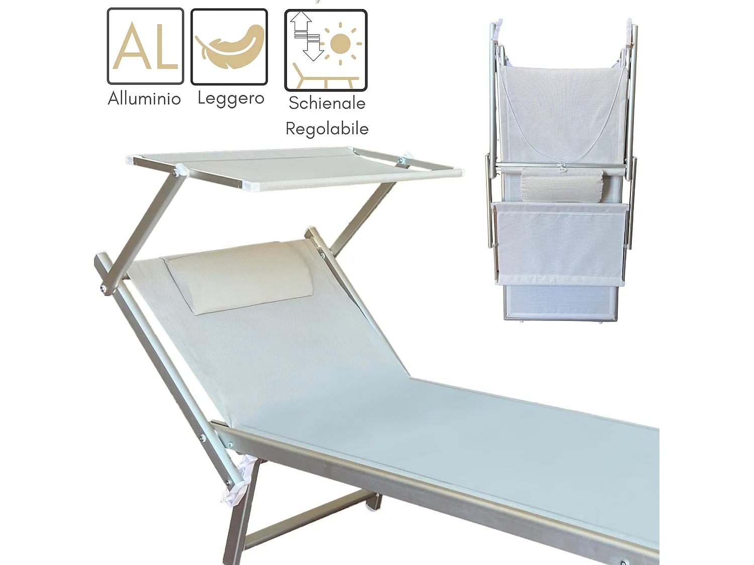 Set 2 Lettino Prendisole da Giardino con Cuscino e Tettuccio Schienale Regolabile, Sdraio Telo Textilene Struttura Alluminio 181x60x38 - Grigio