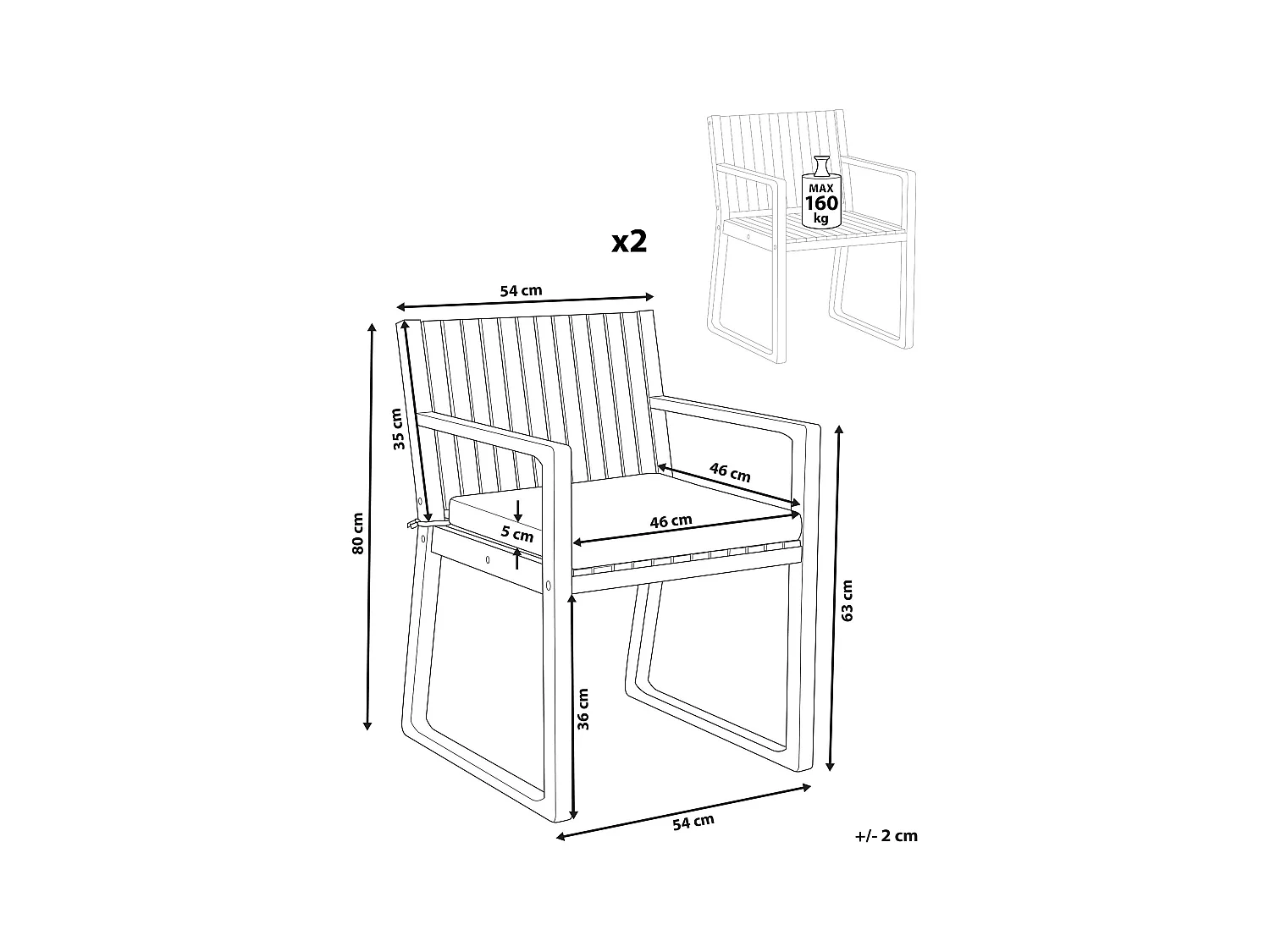Lot de 2 chaises de jardin avec coussins SASSARI PREMIUM Bois d'acacia certifié Mélange de gris