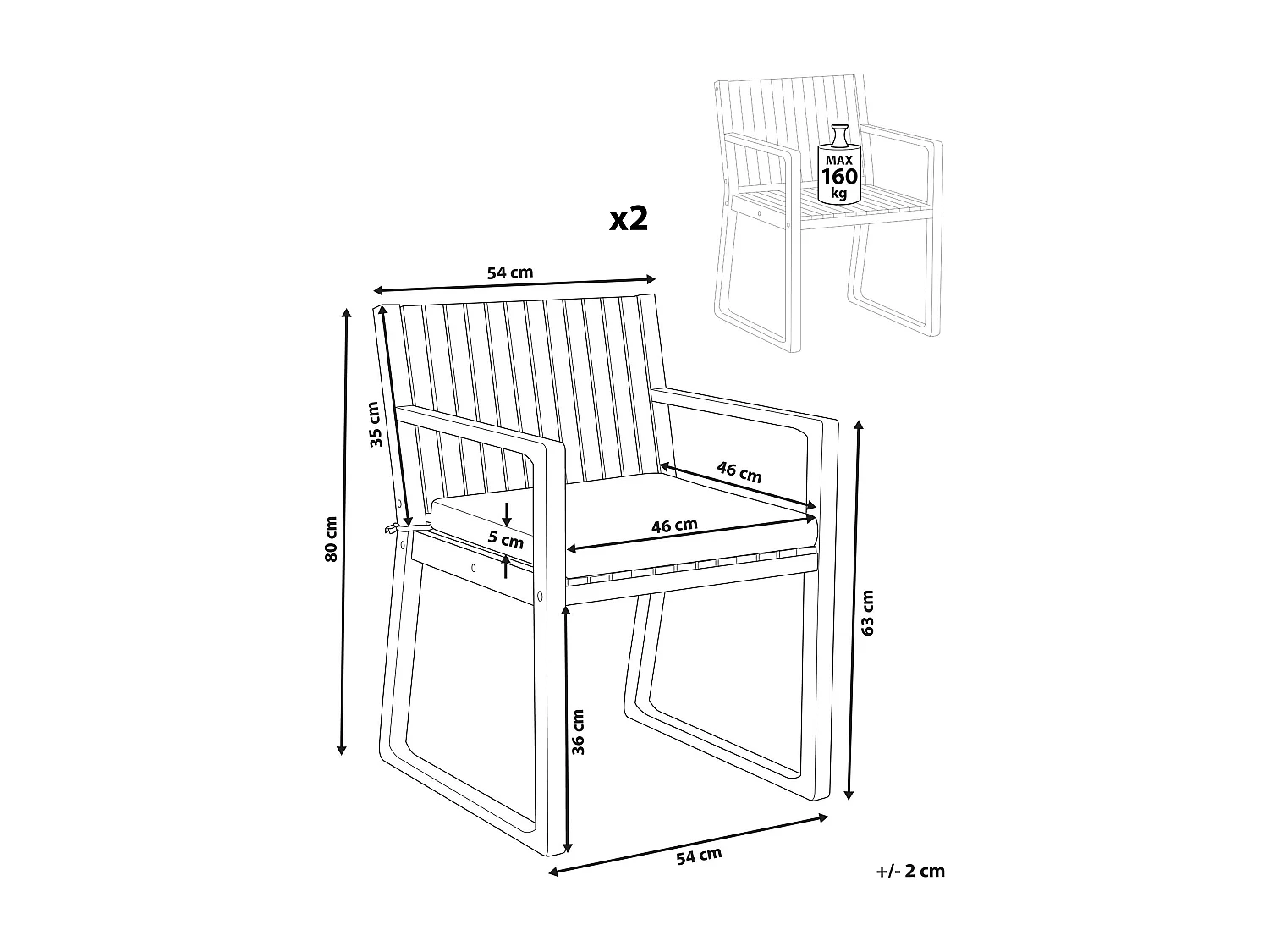 Lot de 2 chaises de jardin avec coussins SASSARI PREMIUM  Bois d'acacia certifié Mélange de gris