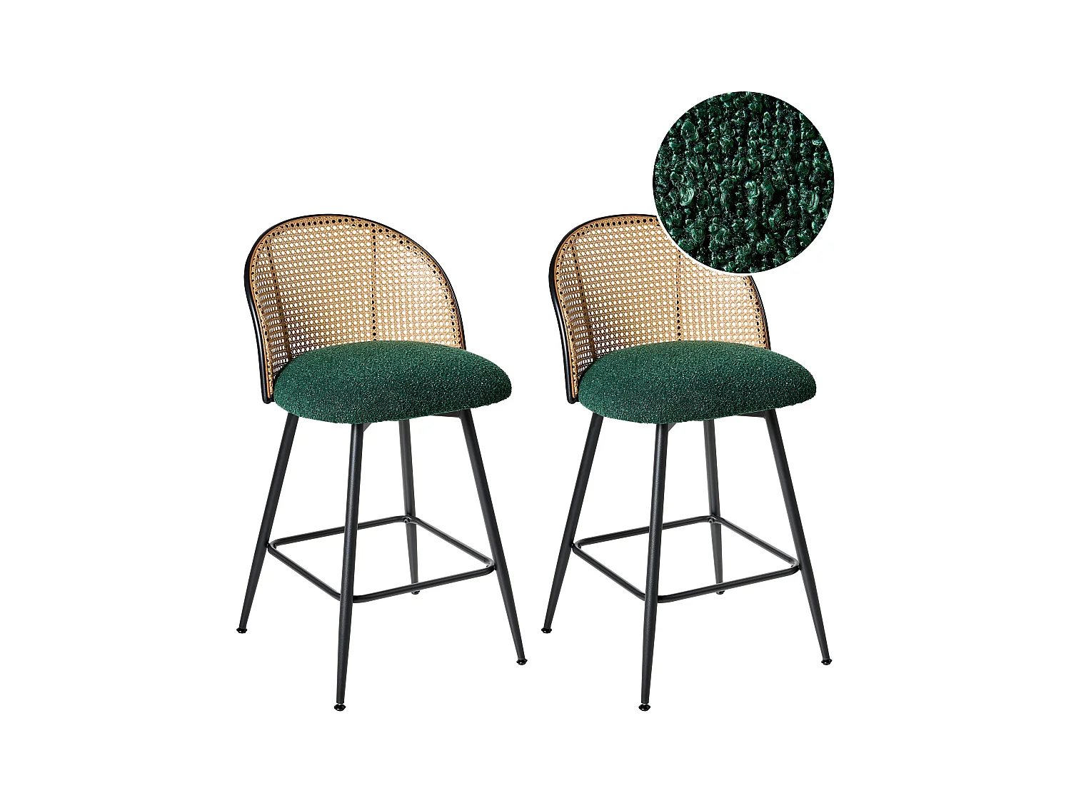 Barstühle 2er Set Bouclé Metallbeine Wiener Geflecht Retro dunkel grün Nathan