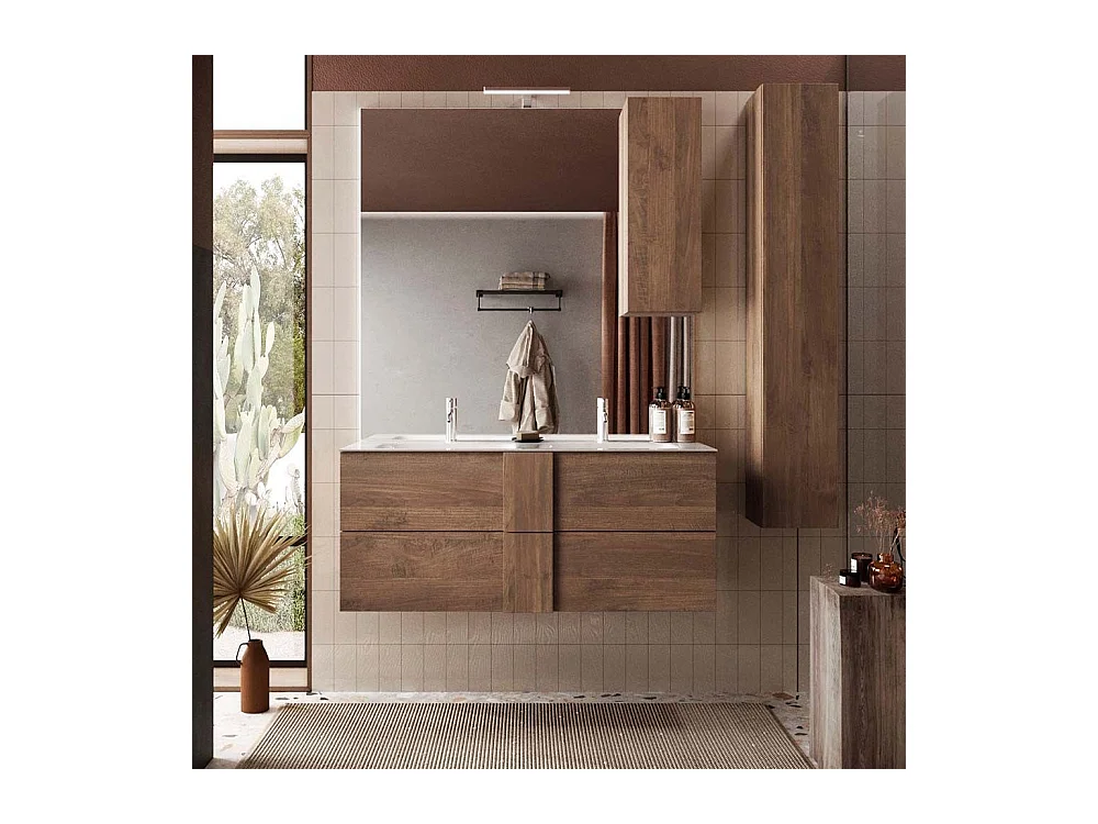 Mobile bagno sospeso 120x85 cm marrone con doppio lavabo e due cassetti MBL2