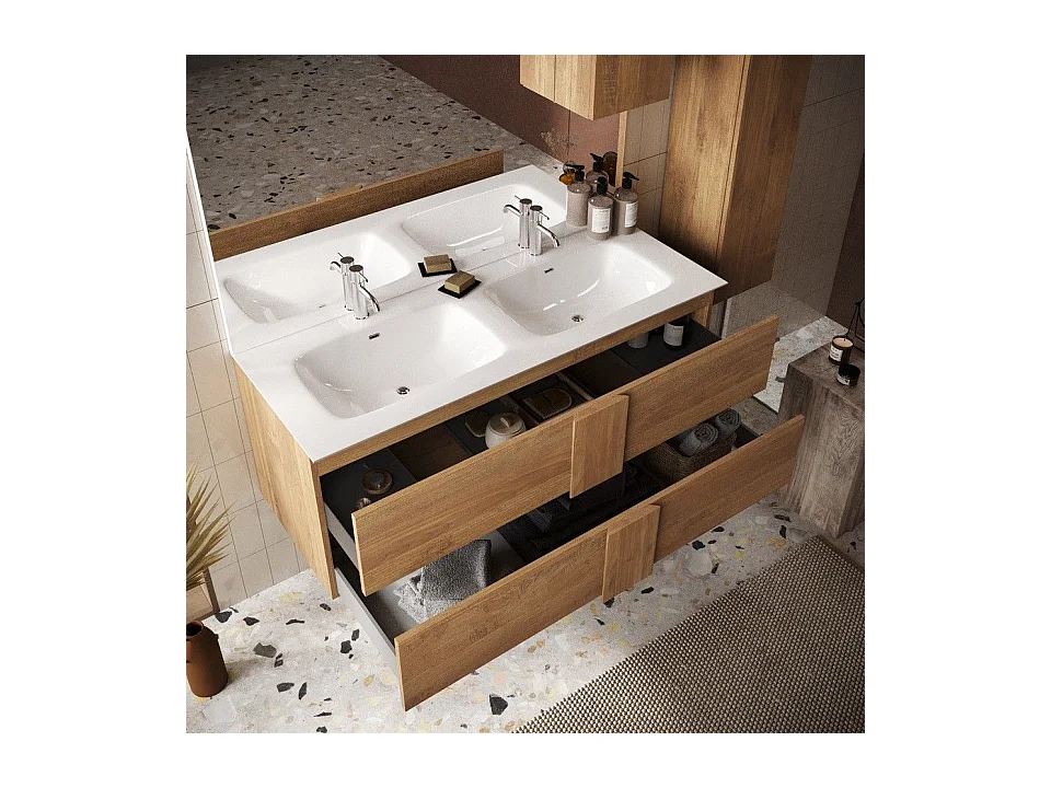 Mobile bagno sospeso 120x85 cm marrone con doppio lavabo e due cassetti MBL2