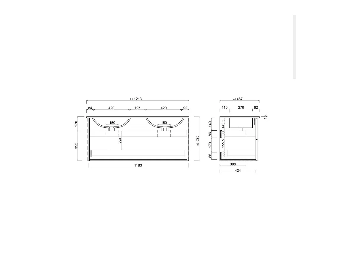 Mobile bagno sospeso 120x85 cm marrone con doppio lavabo e due cassetti MBL2