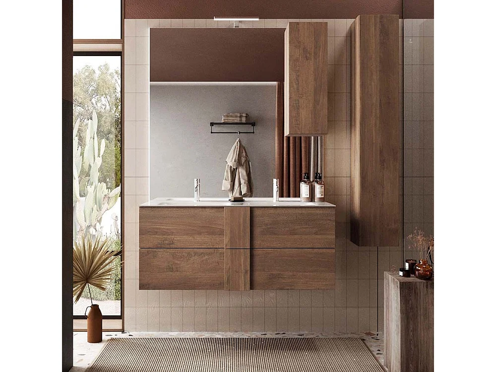 Mobile bagno sospeso 120x85 cm marrone con doppio lavabo e due cassetti MBL2