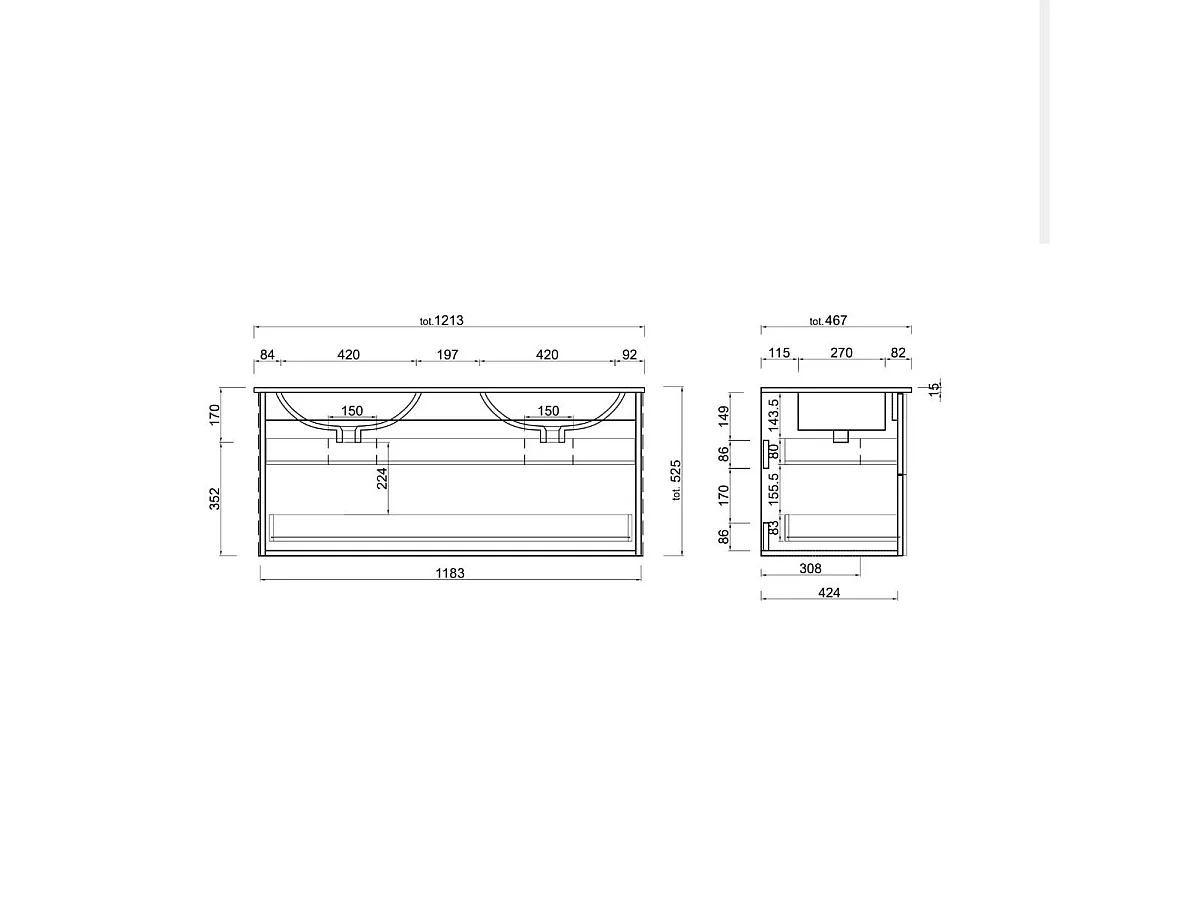 Mobile bagno sospeso 120x85 cm marrone con doppio lavabo e due cassetti MBL2