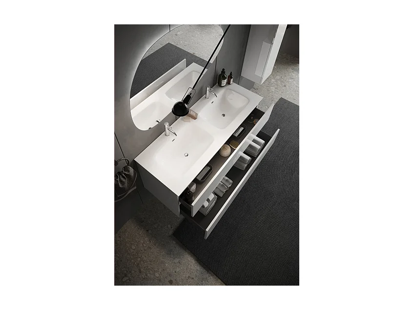 Mobile bagno sospeso 120x85 cm bianco lucido con doppio lavabo e due cassetti MBL10