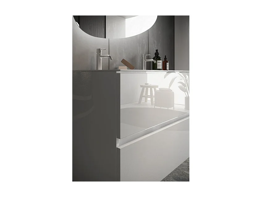 Mobile bagno sospeso 120x85 cm bianco lucido con doppio lavabo e due cassetti MBL10