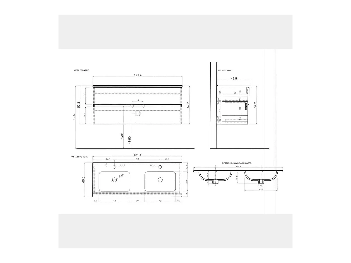 Mobile bagno sospeso 120x85 cm bianco lucido con doppio lavabo e due cassetti MBL10