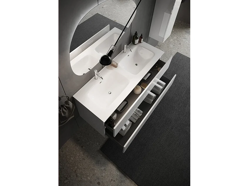 Mobile bagno sospeso 120x85 cm bianco lucido con doppio lavabo e due cassetti MBL10