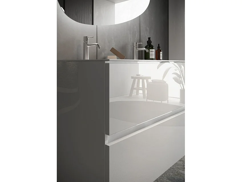 Mobile bagno sospeso 120x85 cm bianco lucido con doppio lavabo e due cassetti MBL10