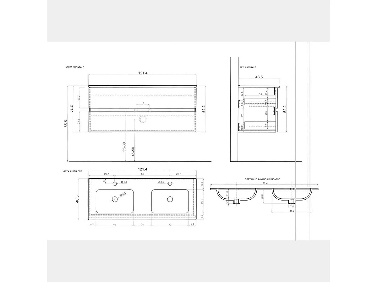 Mobile bagno sospeso 120x85 cm bianco lucido con doppio lavabo e due cassetti MBL10