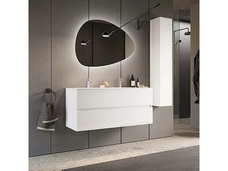 Mobile bagno sospeso 120x85 cm bianco lucido con doppio lavabo e due cassetti MBL10