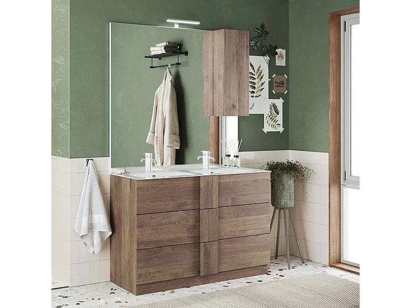 Mobile bagno a terra 120x85 cm marrone con doppio lavabo e tre cassetti MBL6