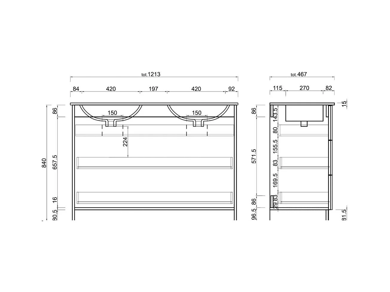 Mobile bagno a terra 120x85 cm marrone con doppio lavabo e tre cassetti MBL6