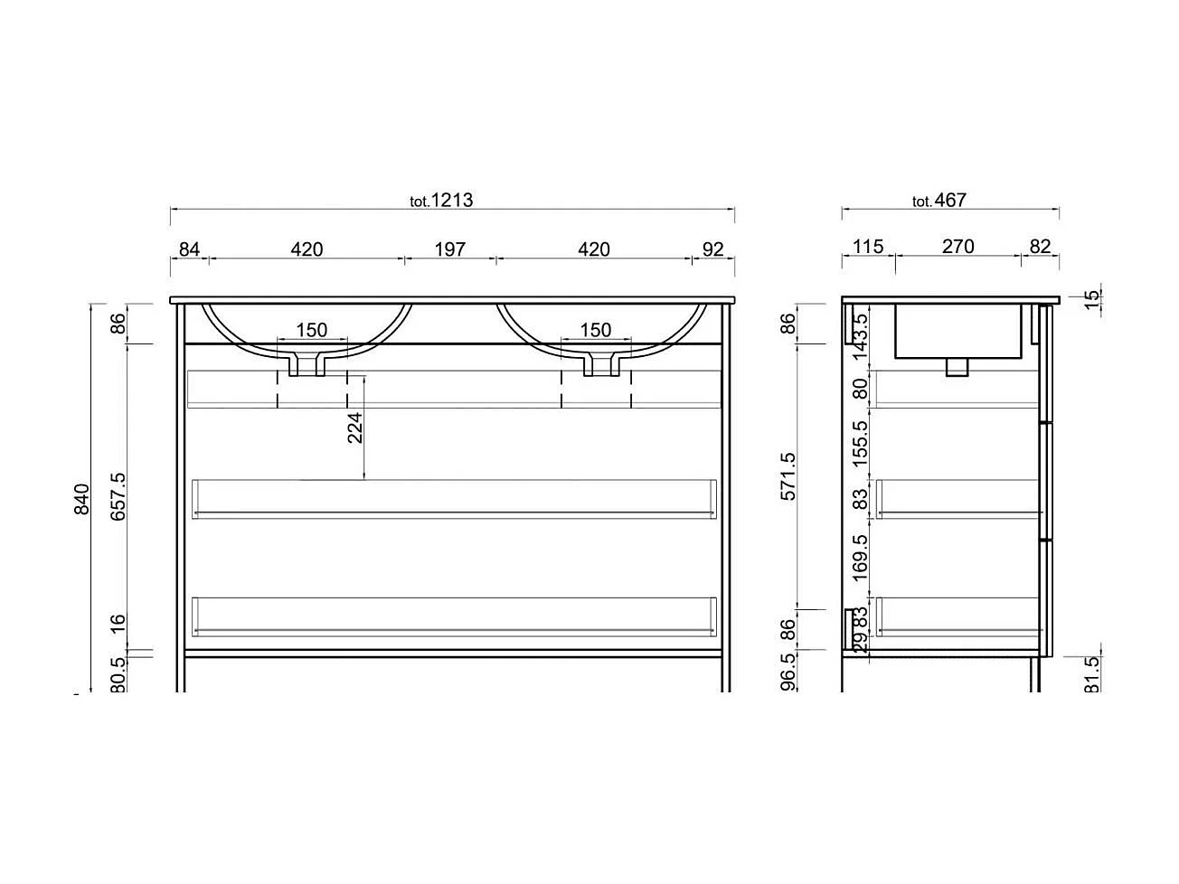 Mobile bagno a terra 120x85 cm marrone con doppio lavabo e tre cassetti MBL6
