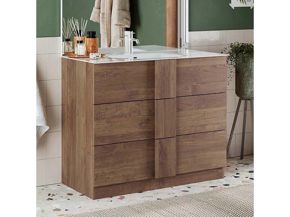 Mobile bagno a terra 100x85 cm marrone con lavabo e tre cassetti MBL5