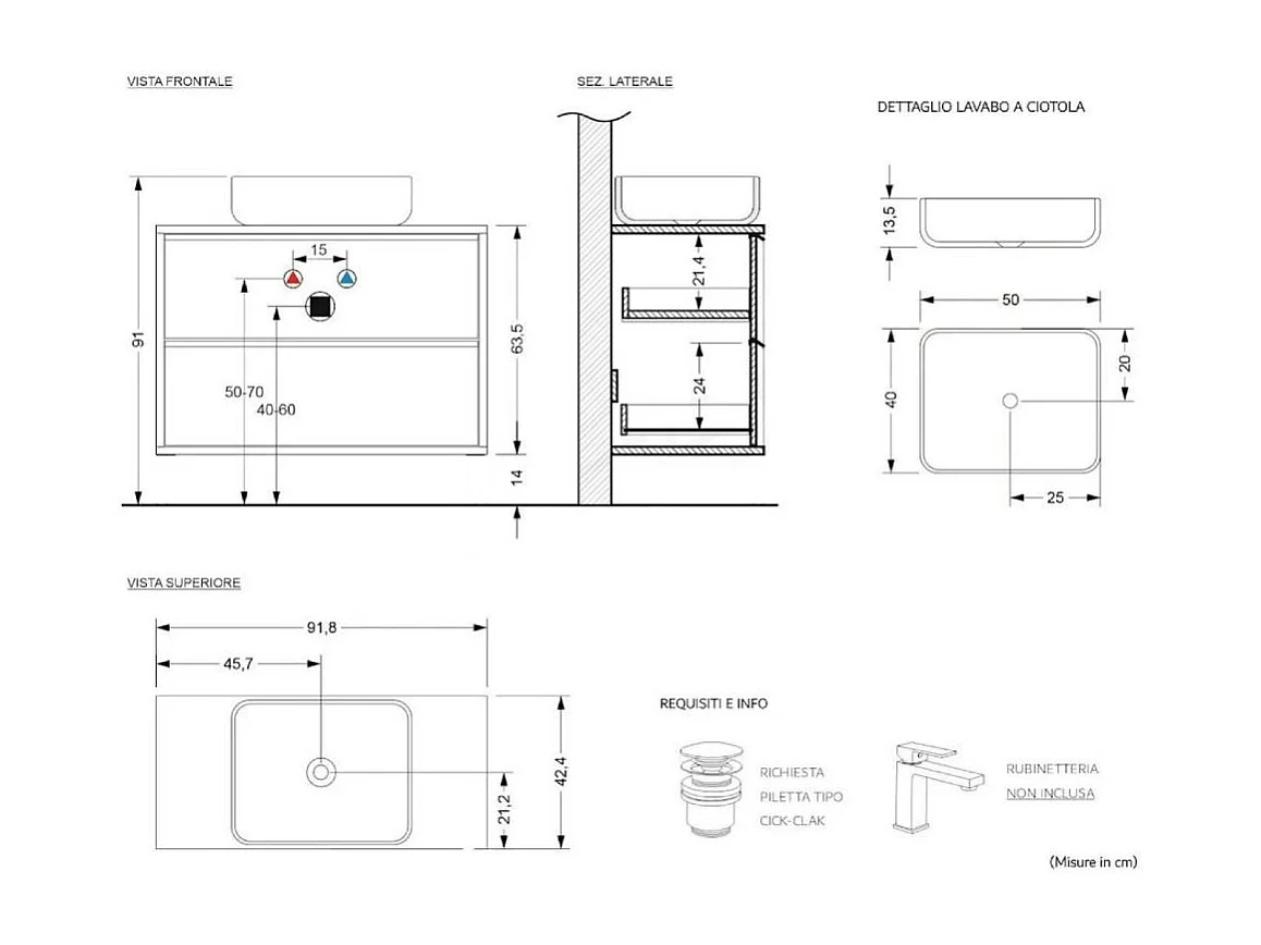 Mobile bagno sospeso 92x92 cm nero con lavabo e due cassetti MBL21